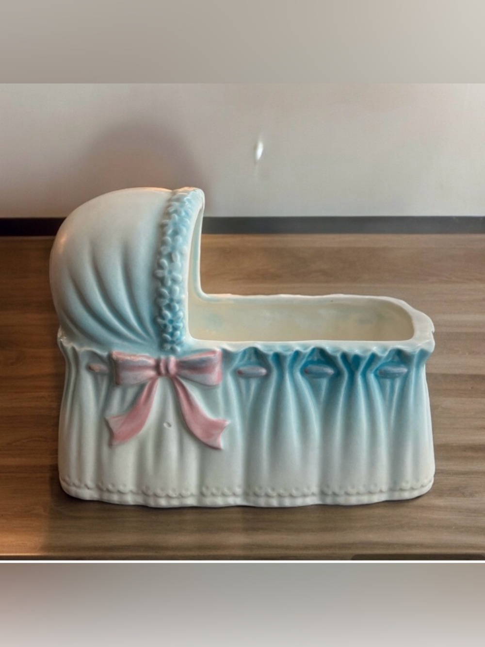 Vintage Rubens Ceramic Pink White Blue Baby Bassinette Planter Japan 60s Nursery